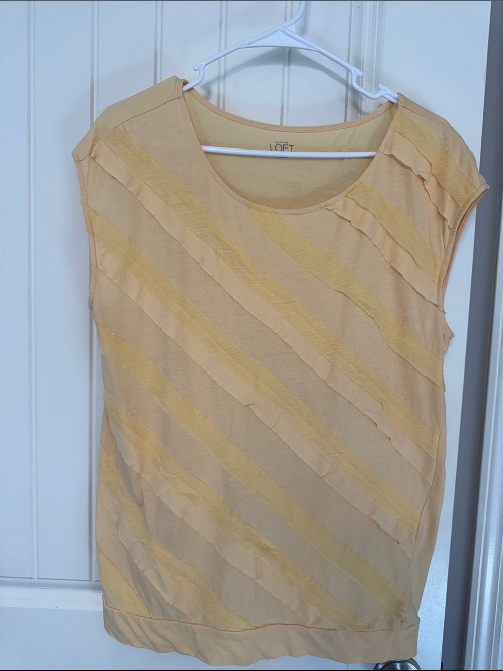 LOFT Pale Yellow Diagonal Stripe Cap-Sleeve Tank